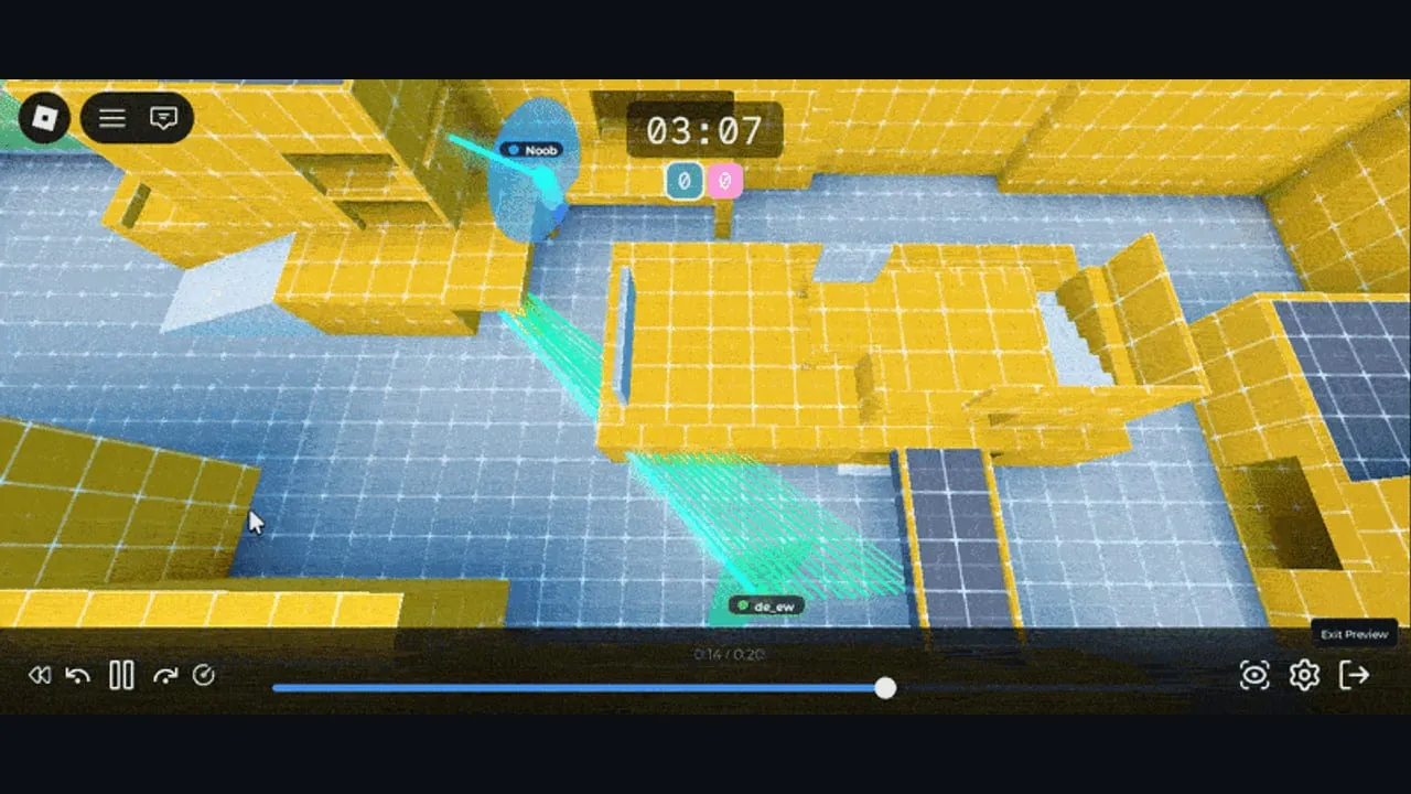 A recorded Roblox round played back in freecam, green and cyan trails showing where each player has been, scrubber and playback controls along the bottom