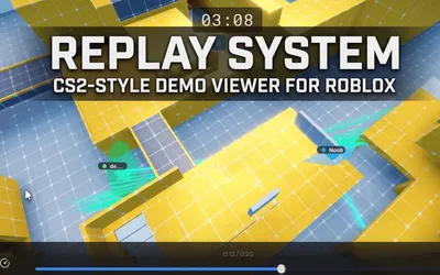 A Roblox match being watched back in freecam, ghost movement trails drawn behind two players, with a video scrubber along the bottom of the screen