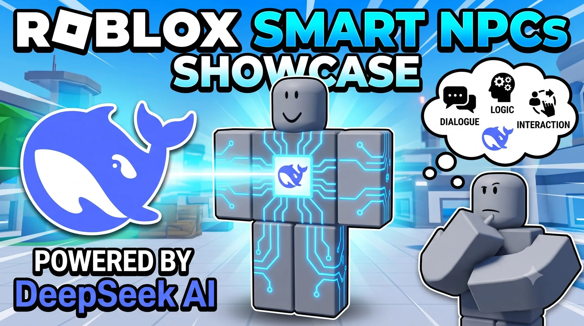 Smart NPCs title card: a Roblox character overlaid with glowing circuit traces, a thought bubble labelled dialogue, logic and interaction, and a DeepSeek credit