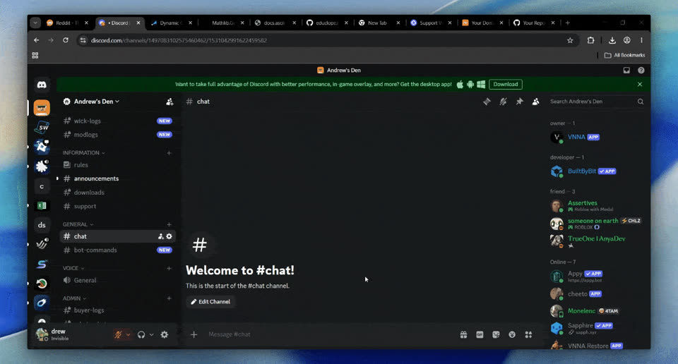 The #downloads channel in my Discord server, with the free download and the paid skip-the-ads option side by side