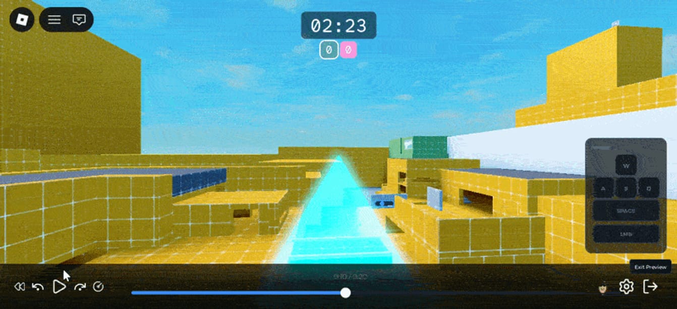 A recorded Roblox round playing back, with the keystroke overlay in the corner updating as the player moves